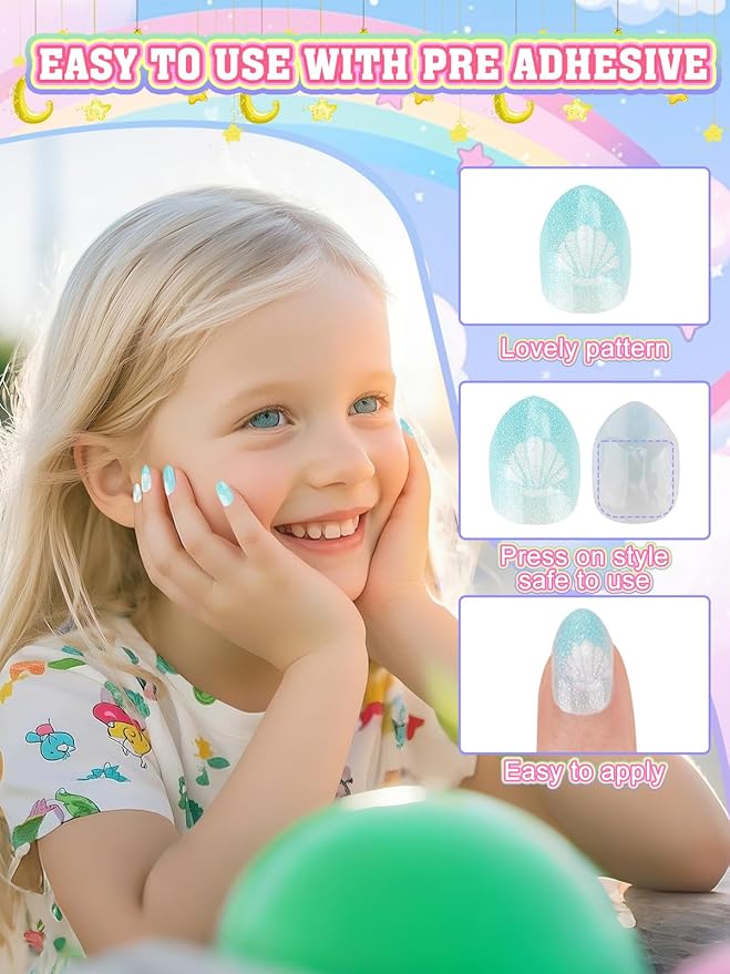 72 Pieces Press on Nails Girls, EBANKU 3 Pack Children Fake Artificial False Nail Tips Pre Glue Full Cover for Kids Nail Art Decoration