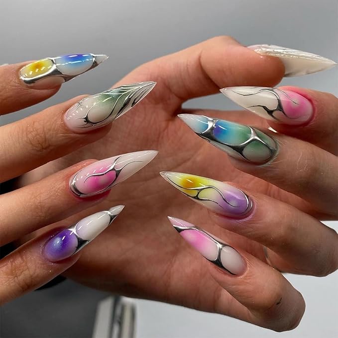 IMRAIN Press on Nails Long Stiletto Fake Nails White Glossy False Nails with Color Ombre Design Silver Line Full Cover Artificial Stick on Nails for Women Manicure 24Pcs
