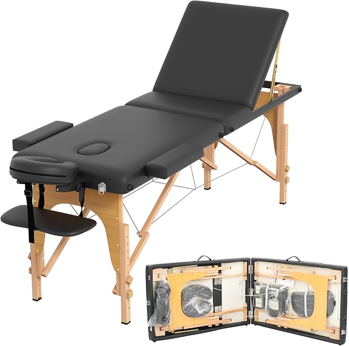 Massage Table Massage Bed, Portable 3 Section Foldable Tattoo Bed, Height Adjustable Lash Spa Bed with Face Cradle, Home Light Weight Facial Salon Bed with Wood Frame, Black
