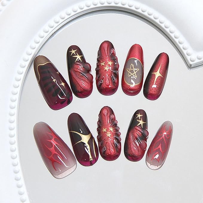 24Pcs Deep Red Press on Nails Medium Almond Fake Nails French Tip Nail Art False Nails Design Y2K Gold Star Bow Pattern Full Cover Stick on Nails Reusable Artificial Nail for Women Acrylic Nails Decor