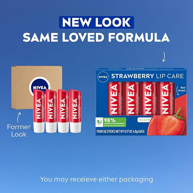 NIVEA Strawberry Lip Care, Tinted Lip Balm Pack with Shea Butter, Nourishing Oils and Vitamin C & E, 3-in-1 Moisture, Repair and Color, 0.17 Oz Stick, Pack of 4