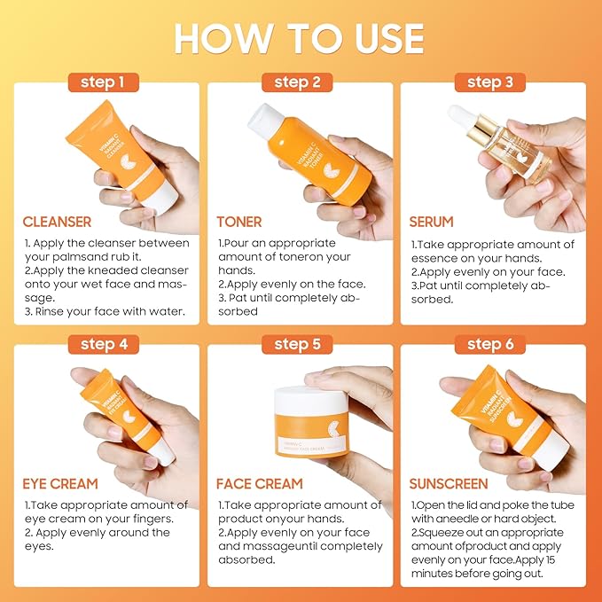 6 Pcs -Vitamin C Skincare Set for Face - with Cleanser, Serum, Eye Cream, Moisturizer, Sunscreen & Toner | Brightening, Hydrating& Anti-Aging,Perfect for Teens & Girls,Moisturizing Face Skin Care Kit