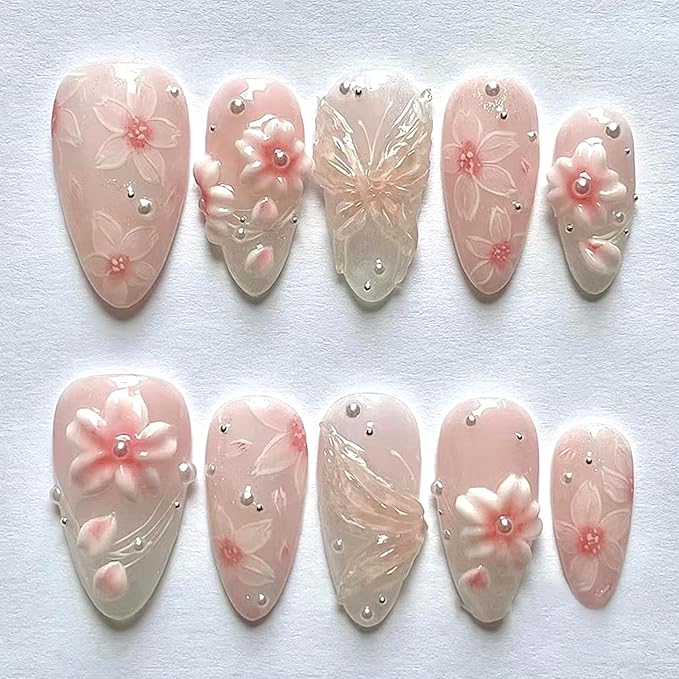 24Pcs Ice Flower Lines Gradient Press on Nails Medium Almond Fake Nails Pearl False Nails Glossy Full Cover Artificial Glue on Nails Pink Floral Stick on Nail Cute Fingernails Manicure for Women