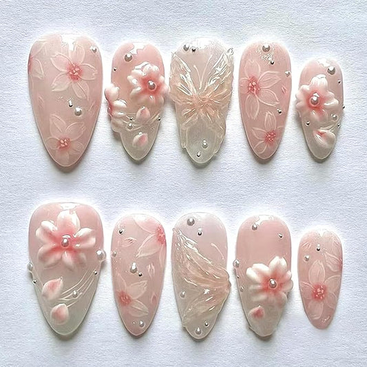 24Pcs Ice Flower Lines Gradient Press on Nails Medium Almond Fake Nails Pearl False Nails Glossy Full Cover Artificial Glue on Nails Pink Floral Stick on Nail Cute Fingernails Manicure for Women