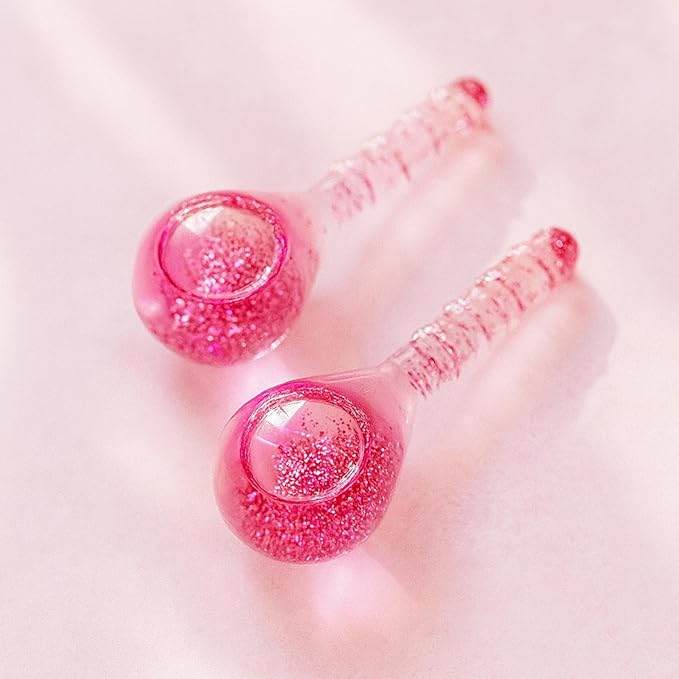 Lazzybeauty Ice Globes Facial Cooling Tools, Cryo Beauty Balls with Anti-Slip Handle for Face, Eyes & Neck, Soothing Cold Massage Tool for Relaxing & Refreshing Skincare Routine, Glitter Pink