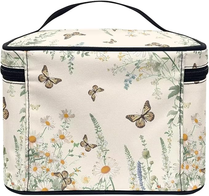 Butterfly Daisy Floral Print Travel Makeup Bags for Women Portable Tote Cosmetic Case with Carry Handle Toiletry Accessories Storage Organizer Bags