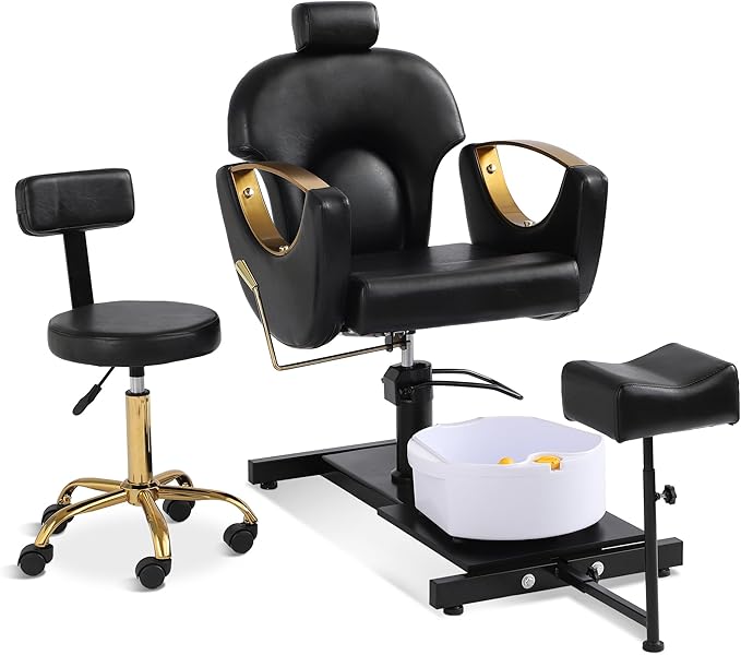 Pedicure Station No Plumbing, Hydraulic Pedicure Chair for Nail Tech, Height Adjustable Reclining Pedicure Station Unit, 360 Degree Swivel Foot Spa Chair with Massage Foot Bath (Black)
