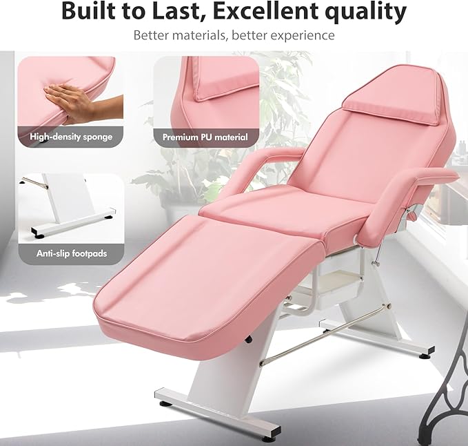 Tattoo Chair Facial Bed with Two Trays Esthetician Bed Adjustable Folding Salon Bed with Hydraulic Stool Massage Bed for Professional Massage Facial Lash Beauty Treatment Spa Pink