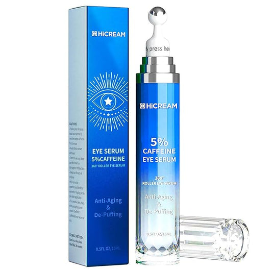 Eye Cream with 5% Caffeine Hyaluronic Acid, Eye Serum with 360° Roller Massage Ball for Puffy, Fine Lines, Dark Circles and Wrinkles, Under eye Treatment Serum for Women & Men