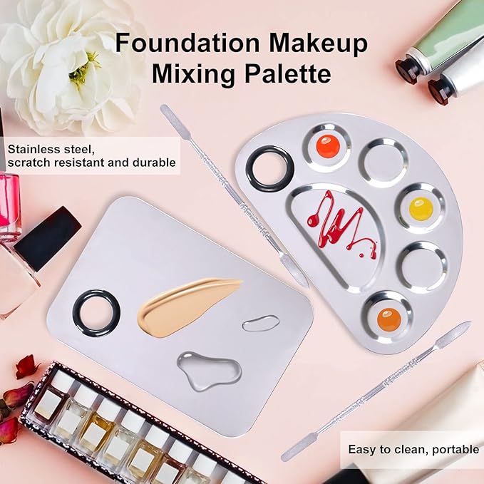 Makeup Palette, Makeup Mixing Palette, Stainless Steel Metal Foundation Palette with Spatula Artist Tool for Mixing Foundation Nail-Art, Cosmetic Mixing Makeup Palette, Makeup Plate, 6×4"/Silver/2pcs