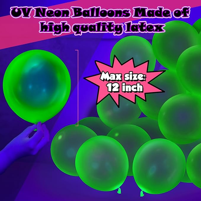 100 Pcs UV Neon Green Balloons 12 inch Neon Party Supplies, Balloons, Glow in the Dark for Birthday, Graduation, Baby Shower,Wedding, Anniversary Valentines Party Decorations