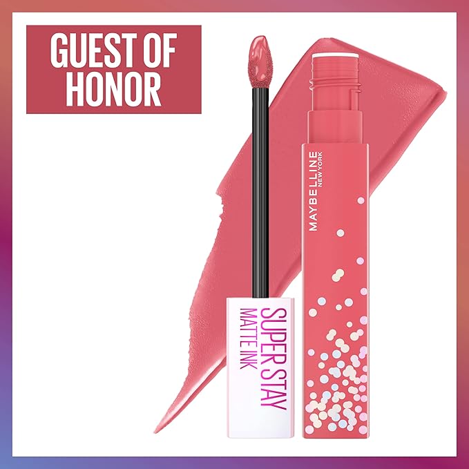 Maybelline New York Super Stay Matte Ink Liquid Lipstick, Transfer-Proof, Long-Lasting, Limited-Edition Birthday-Cake-Scented Shades, Guest of Honor, 0.17 Fl Oz