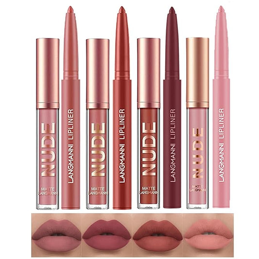 LANGMANNI 4pcs Matte Lipstick with Lipliners Durable Makeup Set,Long-Lasting Non-Stick Cup Not Fade Waterproof Pigmented Velvet Lipgloss Kit Beauty Cosmetics Makeup Gift for Girls(#1+3+5+7)