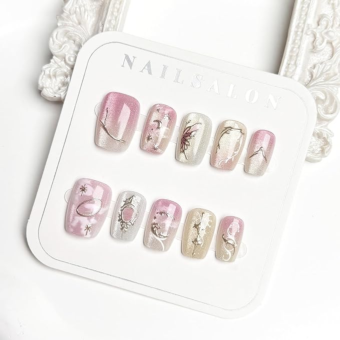 30pcs Pink Press on Nails Short Square Fake Nails with 3D Gold Star Moon Butterfly Designs Glitter Glue on Nails Cute False Nails Pink Full Cover Acrylic Nails Stick on Nails for Women