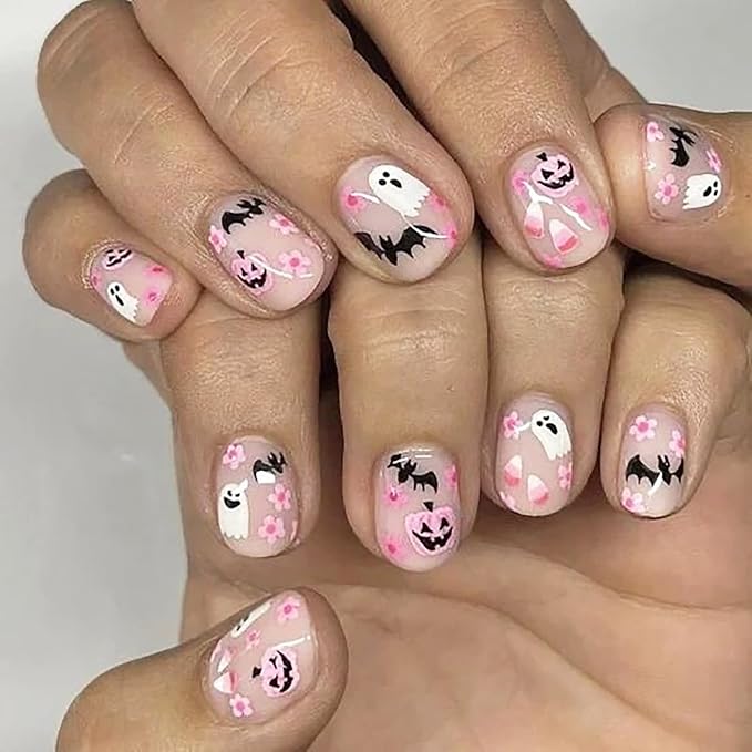 24Pcs Halloween Press on Nails Short Square Fake Nail with Pumpkin Flower Designs Pink Full Cover Glossy Glue on Nails Black Bat False Nail Cute Ghost Stick on Nails for Women Halloween Nail Decor