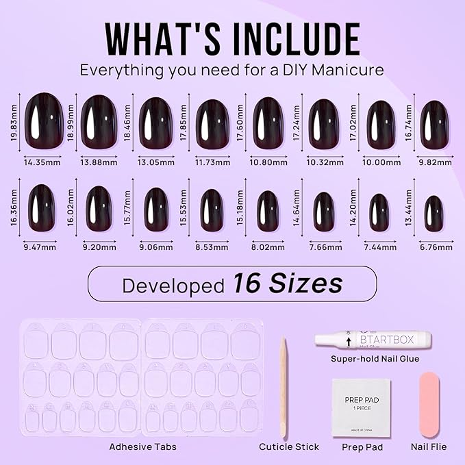 BTArtbox Press On Nails Short - Dark Oval Press On Nail, Chrome Glazed Glue On Nails, Supremely Fit & Glossy Stick On Nails in 16 Sizes - 30 Fake Nails Kit, Magic Mirror