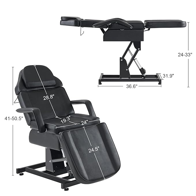 BarberPub Fully Electric Facial Bed with 3 Motor for Esthetician, Electric Tattoo Chair for Client, Facial Bed for Esthetician, Electric Adjustment 2751 (Black, Height (Flat): 24"–33")