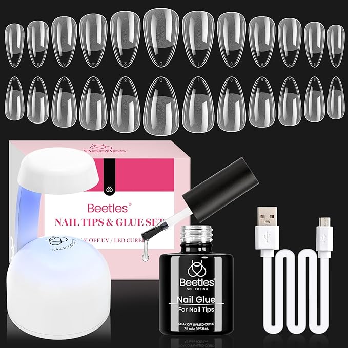 Beetles Gel Nail Kit Amond Shape - 504Pcs Gel Nail Kit Easy Nail Extension Set Etch X Nail Tips Short Medium Almond Half Matte Nail Tips 9 in 1 Nail Glue Uv Led Nail Gift for Women