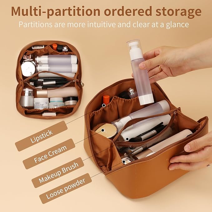 3 Pcs Travel Makeup Bag Portable Large Capacity Cosmetic Bags for Women Open Flat Makeup Case Organizer Bag Set of 3 Waterproof PU Leather Toiletry Bags with Divider and Handle (Brown, Medium)