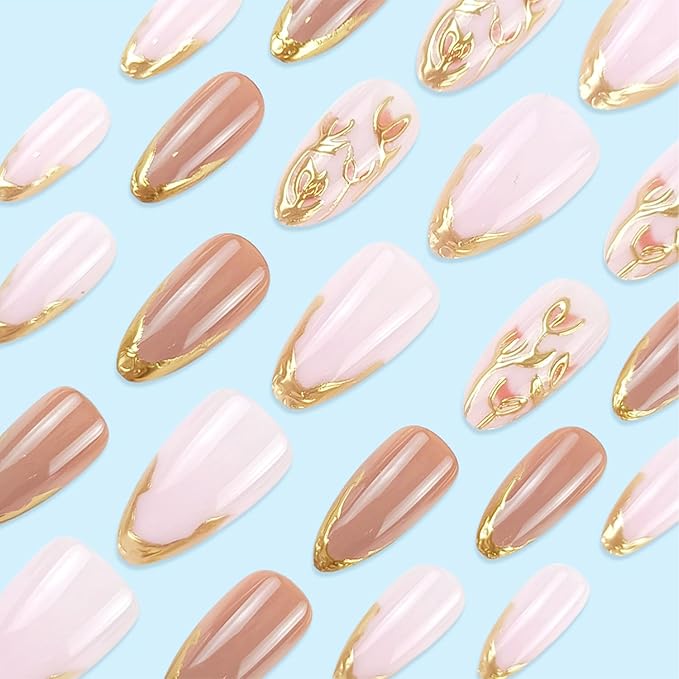 24pcs Gold French Tip Press on Nails Medium Almond Fake Nails with 3D Flower Acrylic Nails Designs Gold Stripes Acrylic Nail Tips Stick on Nails Floral False Nails Kit Glue on Nails for Women