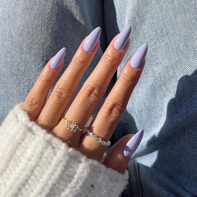 48Pcs Lilac Press on Nails Almond Fake Nails Glue on Nails Medium Length Almond Shaped Nails Press ons, Stiletto Nails False Nails for Women, Medium Almond Nails, Thick Natural Acrylic Gel Nails