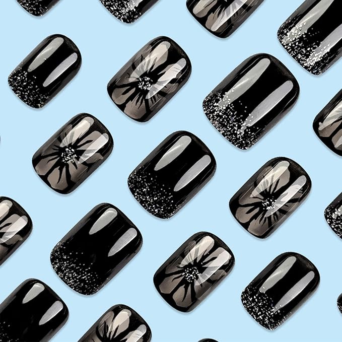 Spring Flower Press on Nails 24Pcs Chrysanthemum Stick on Nails Short Square Acrylic False Nails Glossy Black Daisy Fake Nails Silver Glitter Gel Glue on Nails for Coquette Women Girls