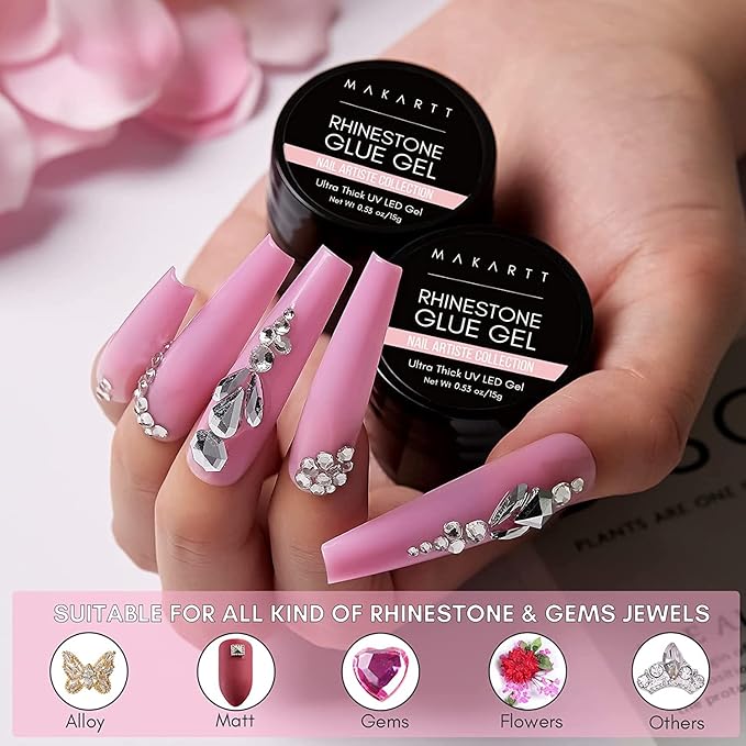 Makartt Nail Rhinestone Glue Gel with Brush Pen Set, 15ml Clear Nail Gem Glue Wipe-Off Super Strong Adhesive Nail Art Glue Gel for Nail Decorations 3D Stones Charms Flowers, Nail Lamp Needed