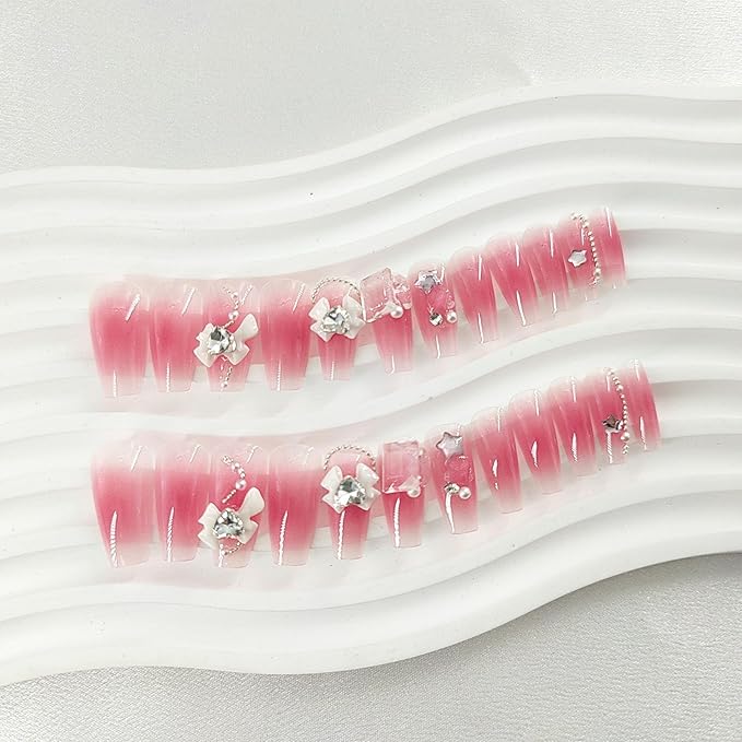 Coffin Press on Nails Decorate Fake Nails Medium Pink-Red Blooming Glue on Nails with Heart Gem Bow Designs Pearl Star Nail Press ons 5D Glossy Acrylic Stick on Nails for Women 24Pcs