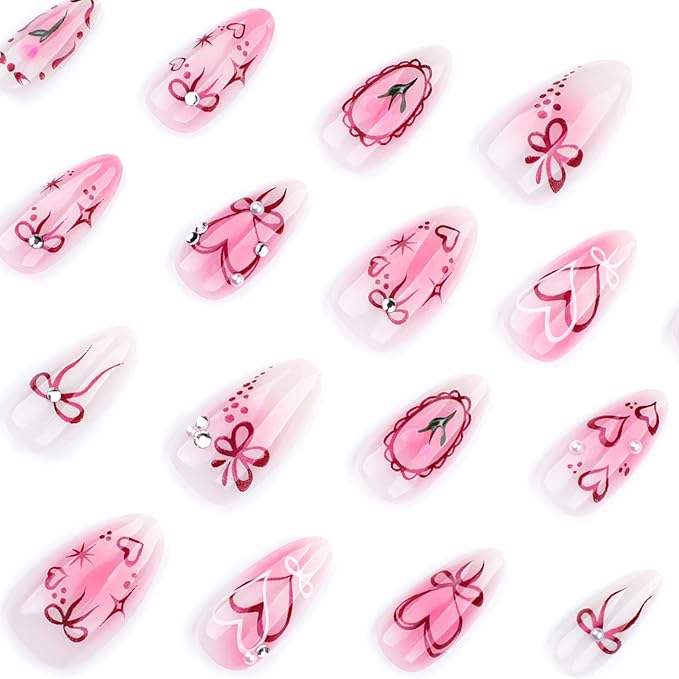 3D Handmade Spring & Summer Pearl Press On Nails Almond Medium 24 Pcs, Heart Designer Reusable Acrylic Fake Nails with Glue, Wedding and Party, Daily wear Nails fro Women Gift