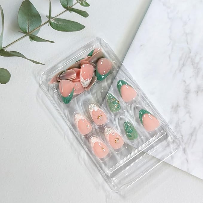 24Pcs Green Press on Nails Medium Almond French Tip Fake Nails with 3D Flower Shell Designs Acrylic Stick on Nails Pearl Gold Beads False Nail Summer Beach Glue on Nail for Women