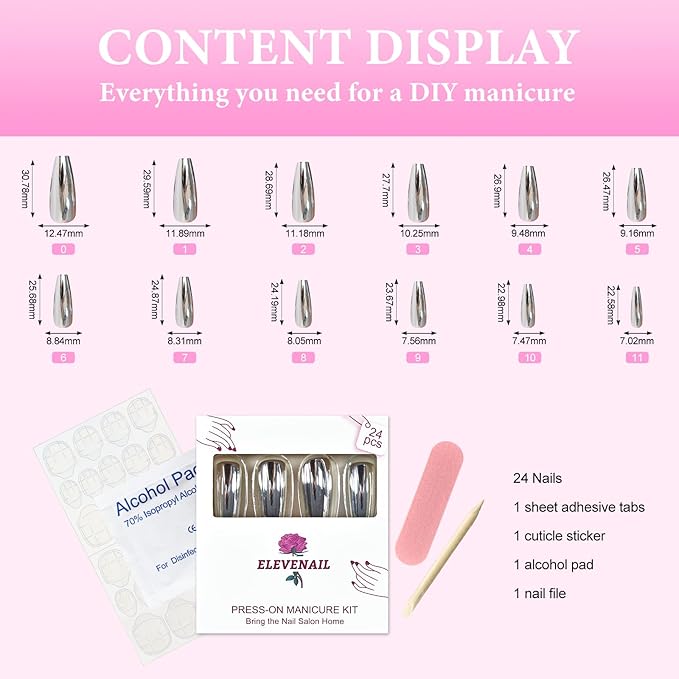 Super Long Shiny Punk Style Silver Coffin Ballerina Press on False Nails Metallic Acrylic Nails Reflective Mirror Nail Art Tips for party show