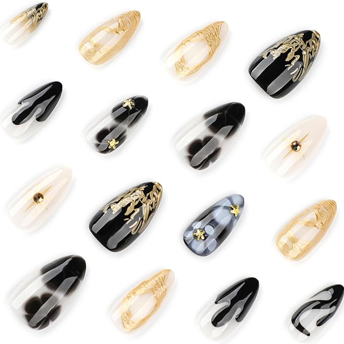 Medium Length Almond Press On Nails, 3D Gold French Tip & Stars Design, Coffin Shape Full Cover False Nails, Reusable Acrylic Glue On Nails for Women, DIY Manicure Kit