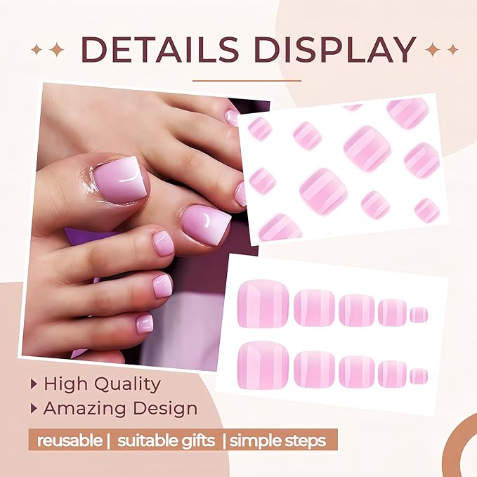 24Pcs White Pink Ombre Press on Toenails Short Square Fake ToeNails French Ombre Acrylic Toe Nails Glossy White Pink Gradient Full Cover False Toes Nails Glue on Toenails Stick on Toenails for Women