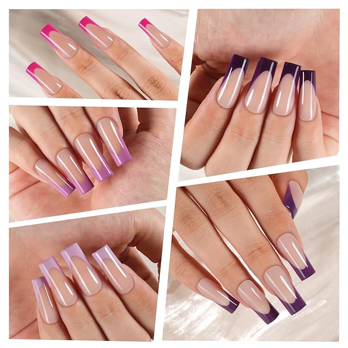 Misssix French Gel Nail Tips, 150Pcs Purple French Tip Press on Nails Long Square, No Need to File Tips Pre-lasting, Fake Nails for Nail Art DIY 15 Sizes