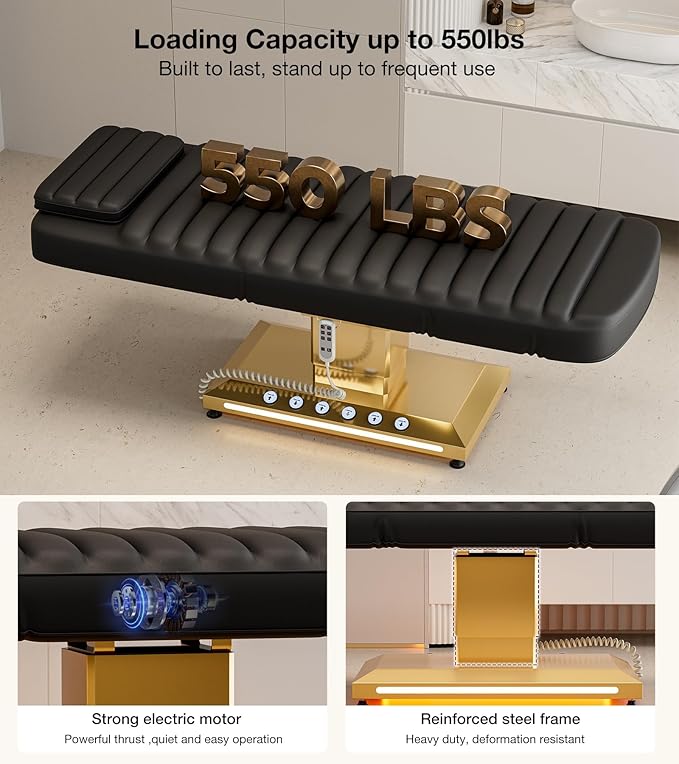 Paddie Professional Fully Electric Spa Chair, 3 Motor Esthetician Spa Bed with LED Light, Motorized Height & Angle Adjustable for Facial & Medical, 550lbs Capacity, Black