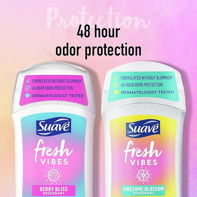 Suave Aluminum-Free Deodorant, Kids & Teen Girls – Fresh Vibes Berry Bliss & Awesome Blossom, 48H Protection, 1.2 Oz Ea