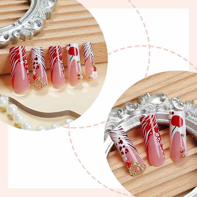 BABALAL Acrylic Press on Nails - Long Square Fake Nails, Red White French Tip Glue on, Cheetah Print with Gold Heart Charm Y2k False Nails Art 24Pcs DIY Squoval Manicure Stick on Nails Supplies