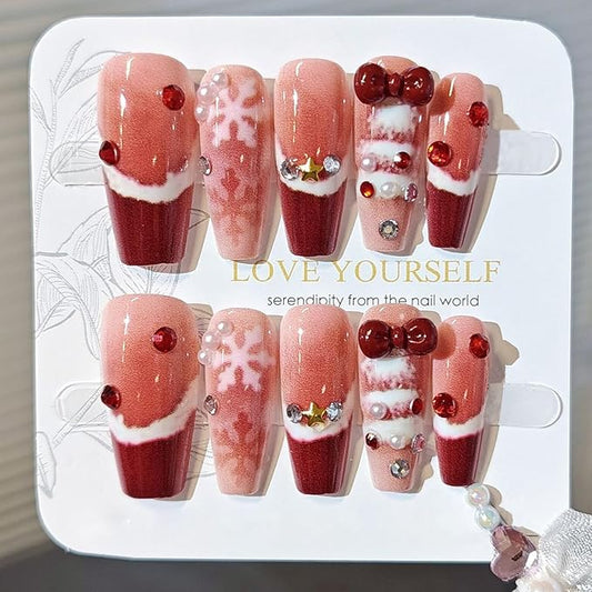 10Pcs Christmas Press on Nails Long Coffin French Tip Fake Nails with Red Bow Rhinestones Design Winter Snowflake False Nails Reusable Glossy Full Cover Acrylic Nails Handmade Stick on Nail for Women