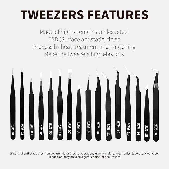 16 Pcs Sharp Precision Tweezers Set,Including 16 Types Of Anti-Static Stainless Steel Esd Medical Tweezers for Craft,Jewelry,Electronics Soldering,Laboratory Work,And Used for Beauty Etc