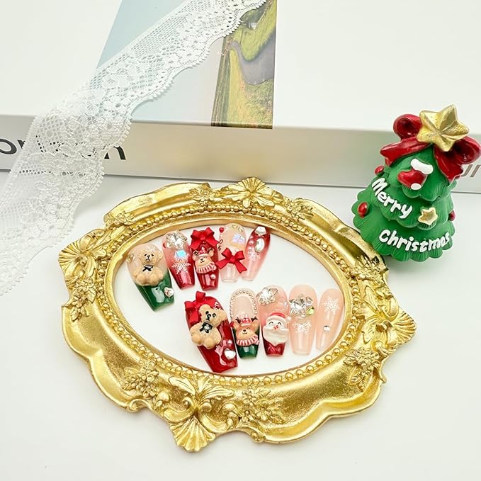 10Pcs Handmade Christmas Press on Nails Long Coffin False Nails with 3D Bear Bow Charms Design Cute Santa Claus Elk Fake Nails Reusable Full Cover Glue on Nails for Women DIY Acrylic Manicure