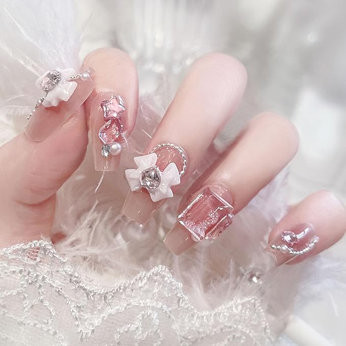 Coffin Press on Nails Decorate Fake Nails Medium Pink-Red Blooming Glue on Nails with Heart Gem Bow Designs Pearl Star Nail Press ons 5D Glossy Acrylic Stick on Nails for Women 24Pcs