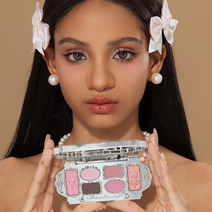 Flower Knows Swan Ballet Six-Color Makeup Palette,Eyeshadow,Blush,Highlighting & Contour All-in-One Face Makeup Palette with 4 Matte+2 Shimmer Pink Shades(03 Pink Swan,0.23 Oz)