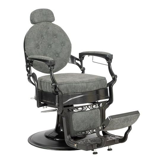 Winado Heavy Duty Vintage Recline Barber Chair Hydraulic with Headrest, Supports up to 700lbs & 360° Rotatable, Professional Salon Beauty Spa Shampoo Equipment (Grey - Button Style)