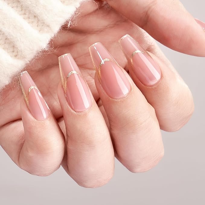 BTArtbox Press on Nails Long - Rose Gold Outline Designed French Tip Press on Nails, Coffin Glue On Nails, Reusable Soft Gel Stick On Nails with Nail Glue in 15 Sizes, Gilded French