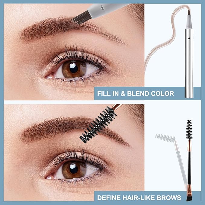 Boobeen 2PCS Wild Liquid Brow Pen, Microblading Natural Eyebrow Pencil with Spiral Brush, Ultra-Precise Tips for Hair-Like Makeup with Brush, Waterproof & Lasts All Day