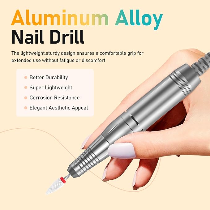 Portable Nail Drill Electric File: 35000RPM Professional Rechargeable Nail E File Machine,for Acrylic Nails Gel Polishing Removing, Cordless Efile with Bits Kit for Manicure Salon Home (White)