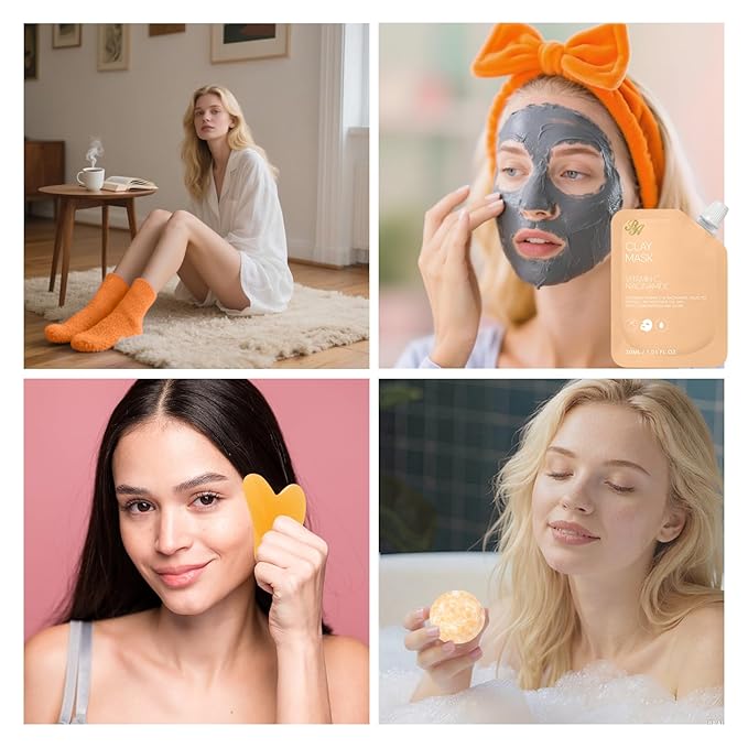 Orange Collagen Gel Overnight Mask Skin Care for Women, 55 Pcs Self-Care Spa Bath & Body Care Basket Gift Set, Face Sheet Mask, Under Eye Patches, Face Serum, Bath Bomb, Christmas, Mother Day, Dad