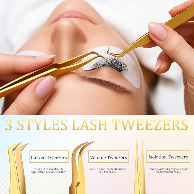 Mudder High Precision Lash Tweezers Set 6 Pack Stainless Steel Eyelash Extension Tweezers for Classic, Volume, Mega Volume Lashes, Facial Hair, Eyebrow, Hair Removal, Crafting Making (Gold)
