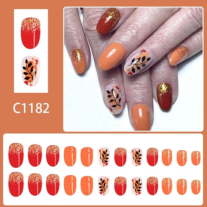 Fall Press on Nails Short Oval Fake Nails Gold Glitter False Nail with Black Leaf Designs Orange Red Glossy Glue on Nails Cute Acrylic Nail Press ons Reusable Manicure Kit for Women 24Pcs