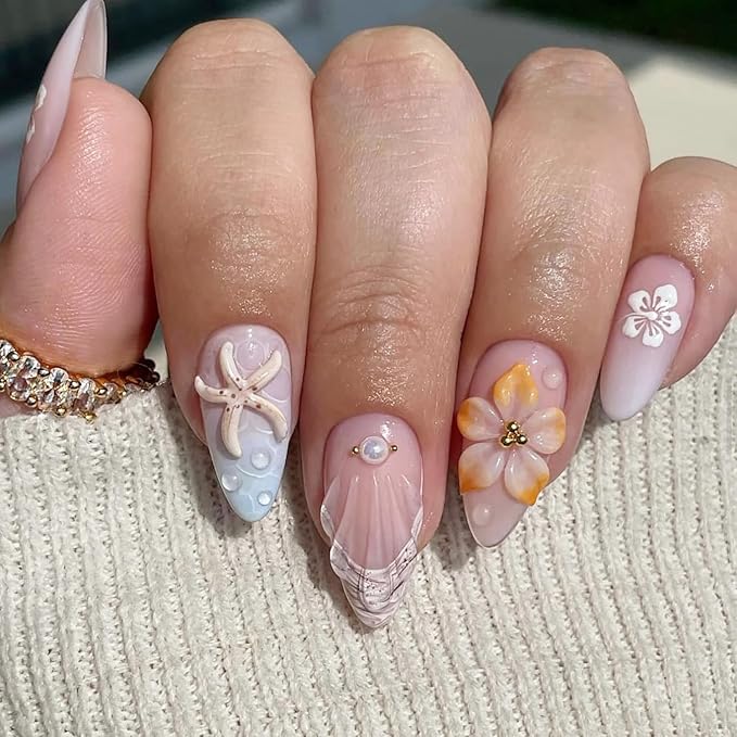 24Pcs Summer Beach Flower Press on Nails Medium Almond Fake Nails 3D Starfish Seashell with Hibiscus Press Ons Full Cover French Tip False Nails Ocean Manicure Decorations for Women Girls Acrylic DIY